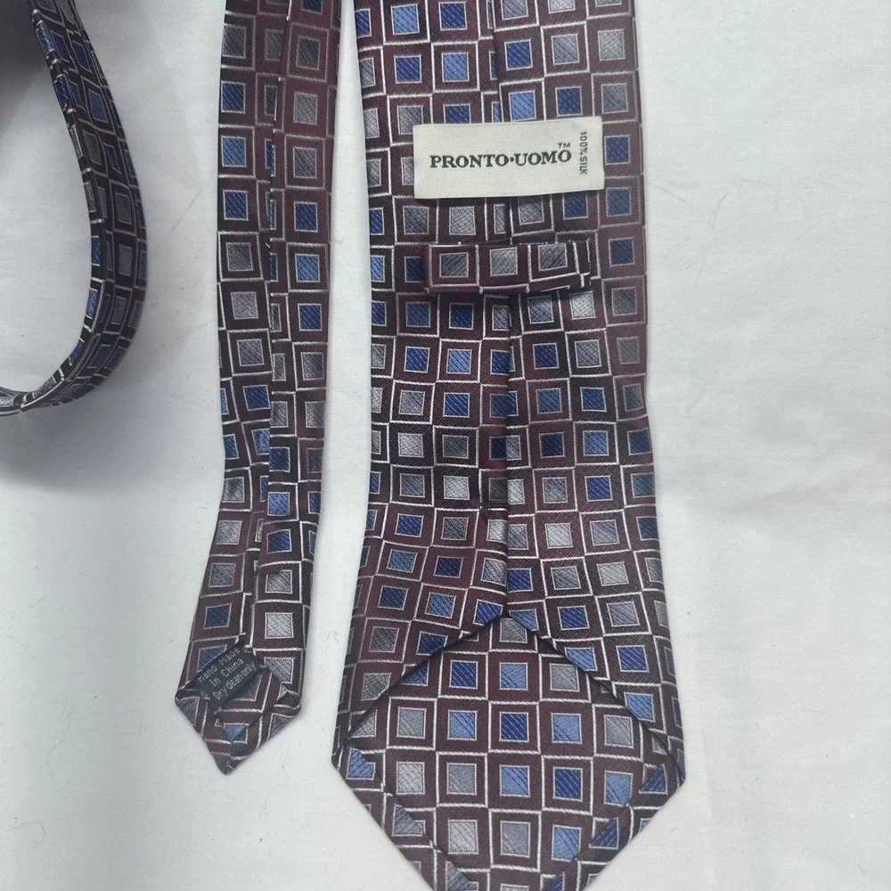 Pronto Uomo Necktie Mens OS Burgundy Blue Silver Geometric Square Silk Hand Made